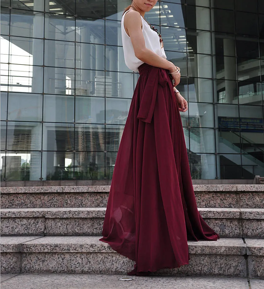 High Waist Maxi Skirt Chiffon Silk Skirts Beautiful Bow Tie Elastic Waist Summer Skirt Floor Length Long Skirt (037), #126