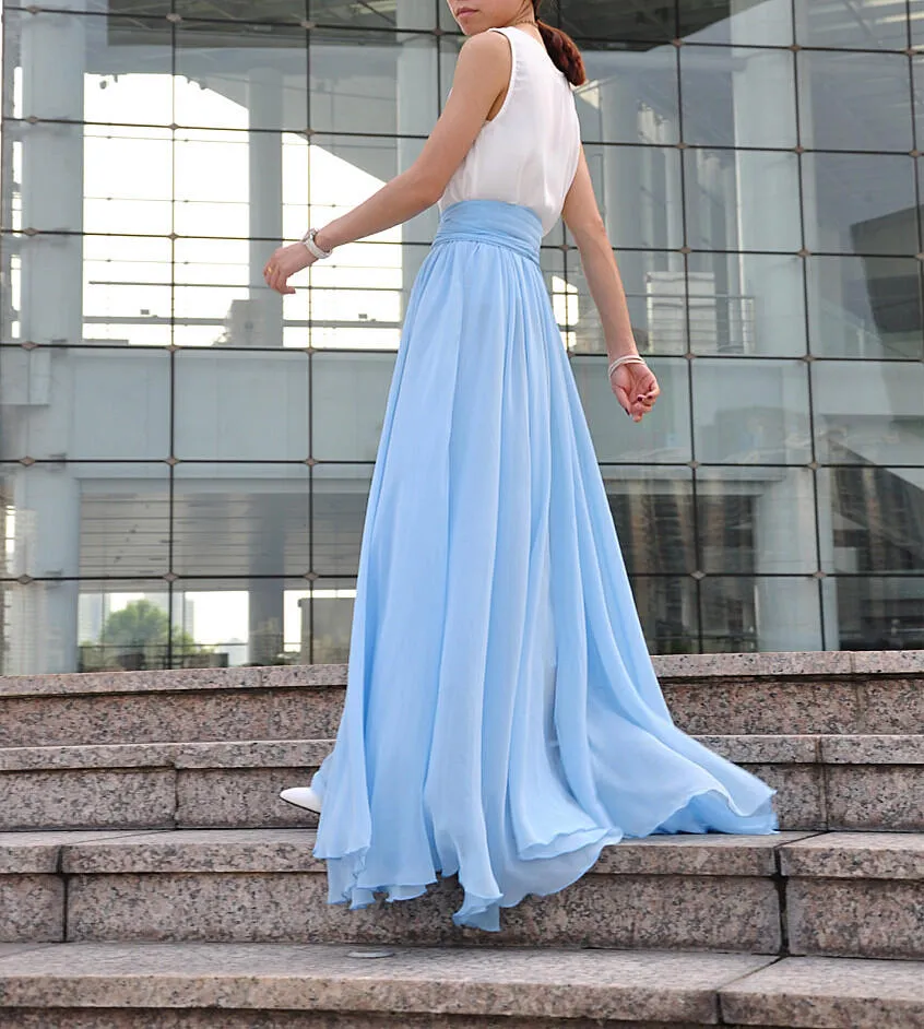 High Waist Maxi Skirt Chiffon Silk Skirts Beautiful Bow Tie Elastic Waist Summer Skirt Floor Length Long Skirt (037), #21