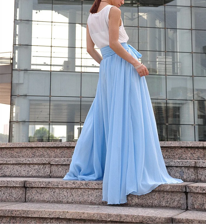 High Waist Maxi Skirt Chiffon Silk Skirts Beautiful Bow Tie Elastic Waist Summer Skirt Floor Length Long Skirt (037), #21
