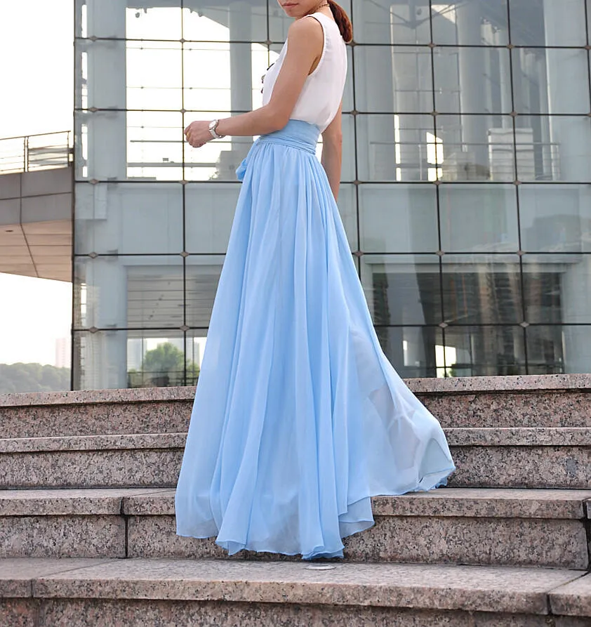 High Waist Maxi Skirt Chiffon Silk Skirts Beautiful Bow Tie Elastic Waist Summer Skirt Floor Length Long Skirt (037), #21