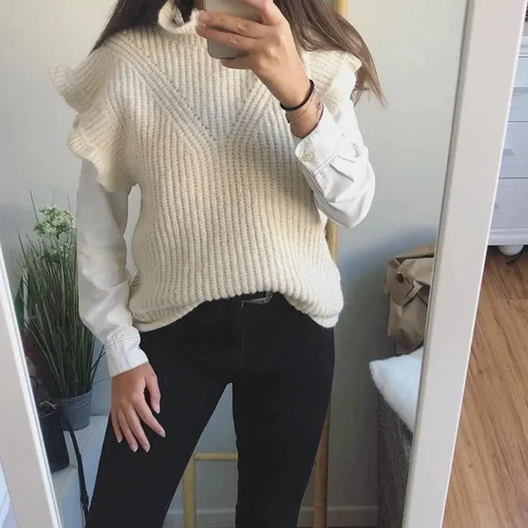 Hollow-out Knit Ruffled Vest Sweaters Blouse