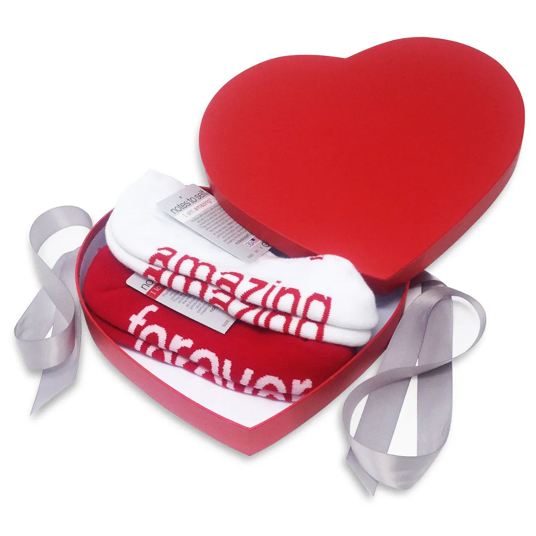 I am amazing® white socks   I love you – forever™ red socks in red heart box
