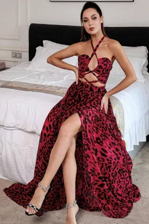 Jennifer Red Leopard Print Cut Out Maxi Dress
