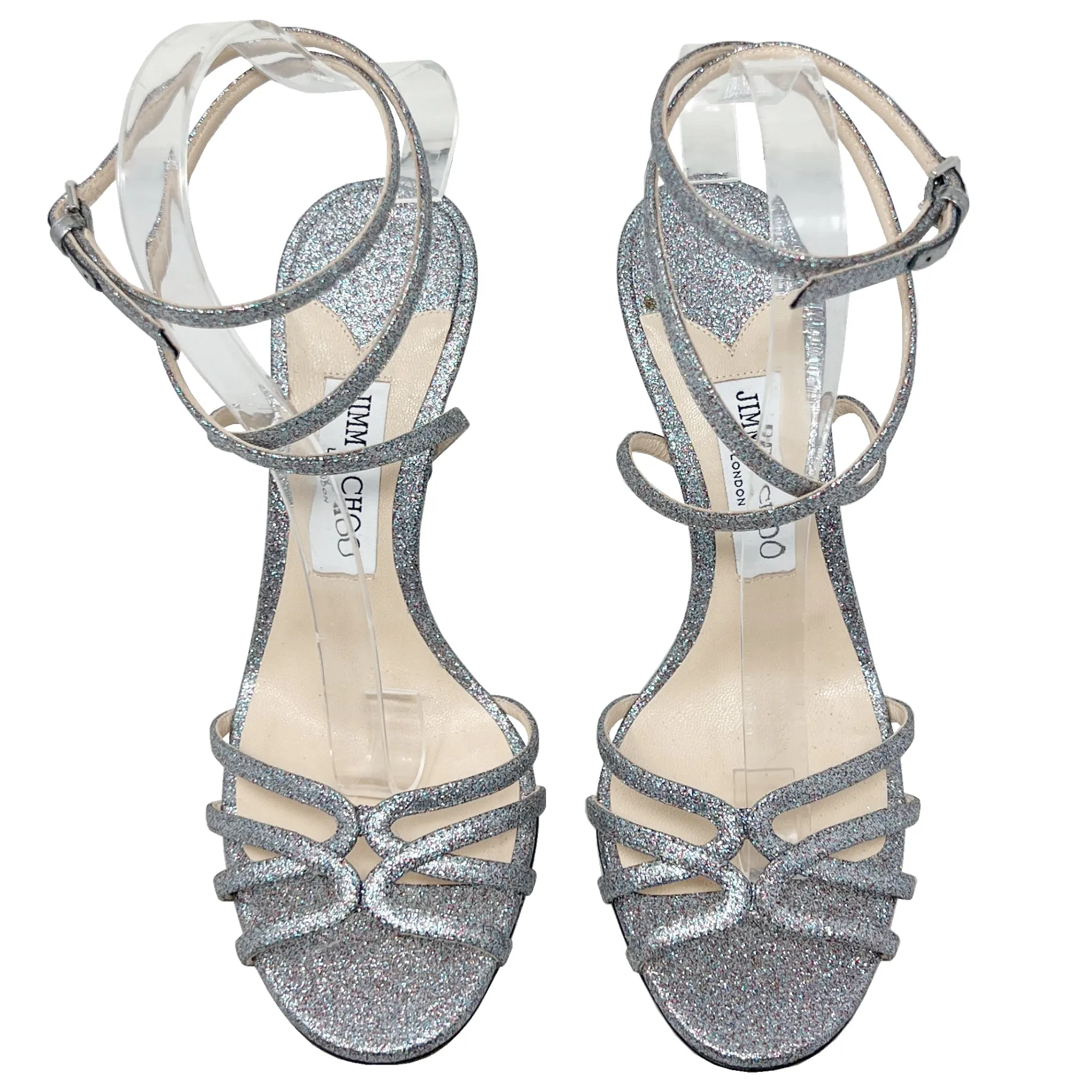 Jimmy Choo Mimi Silver Glitter Iridescent Strappy Sandals Size EU 39