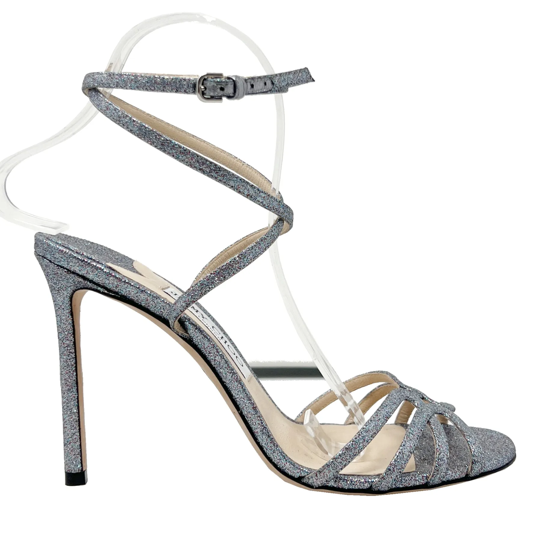 Jimmy Choo Mimi Silver Glitter Iridescent Strappy Sandals Size EU 39