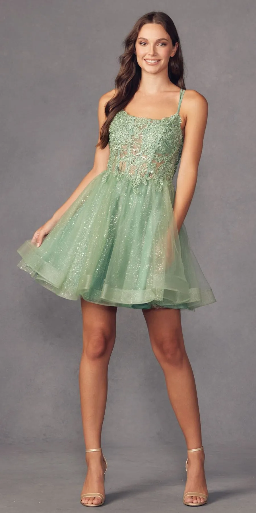 Juliet 883 Short A-Line Glitter Tulle Skirt Square Neck Thin Strap Dress