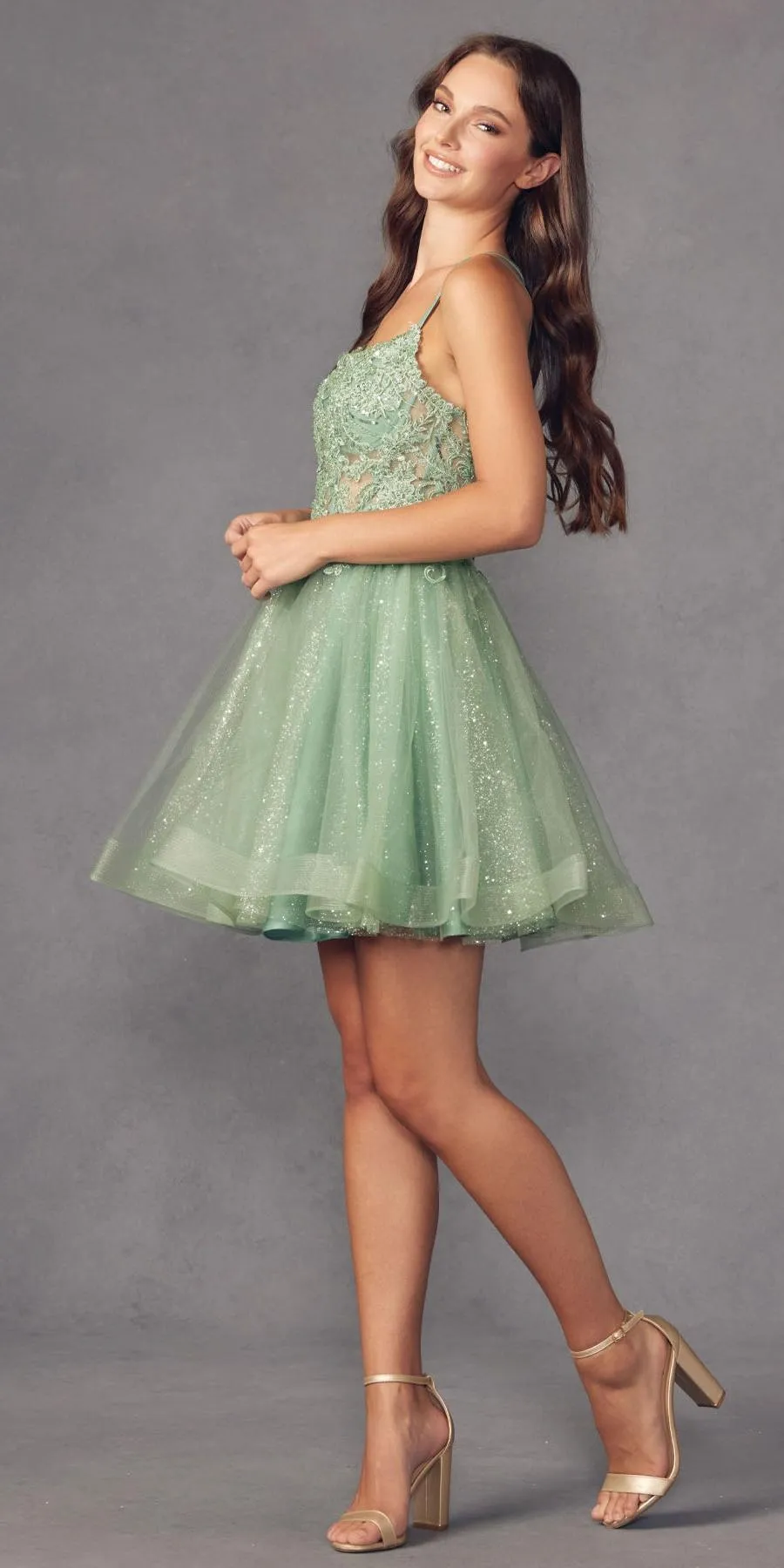 Juliet 883 Short A-Line Glitter Tulle Skirt Square Neck Thin Strap Dress