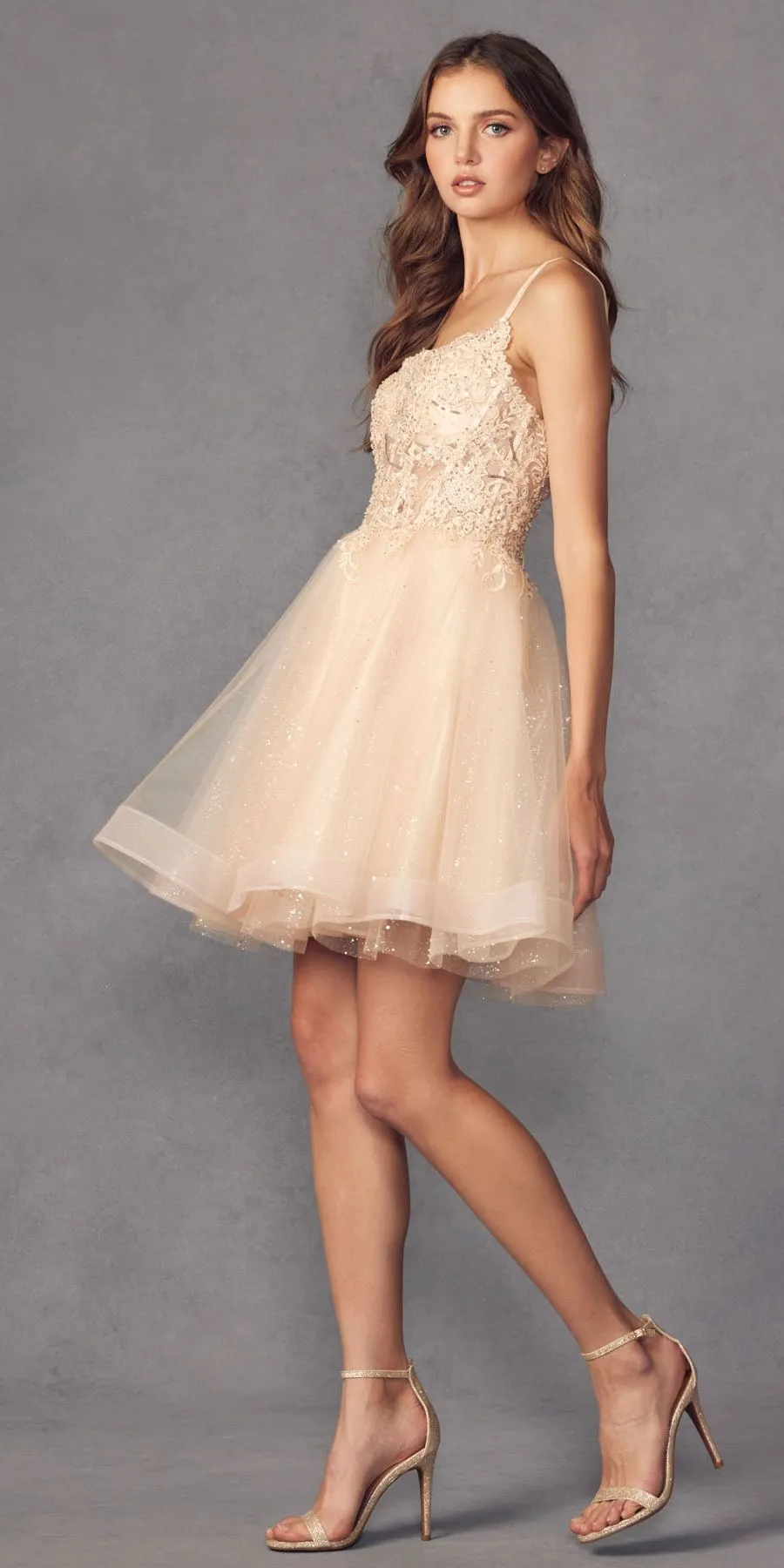 Juliet 883 Short A-Line Glitter Tulle Skirt Square Neck Thin Strap Dress
