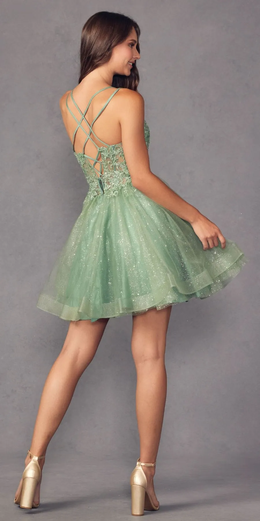 Juliet 883 Short A-Line Glitter Tulle Skirt Square Neck Thin Strap Dress