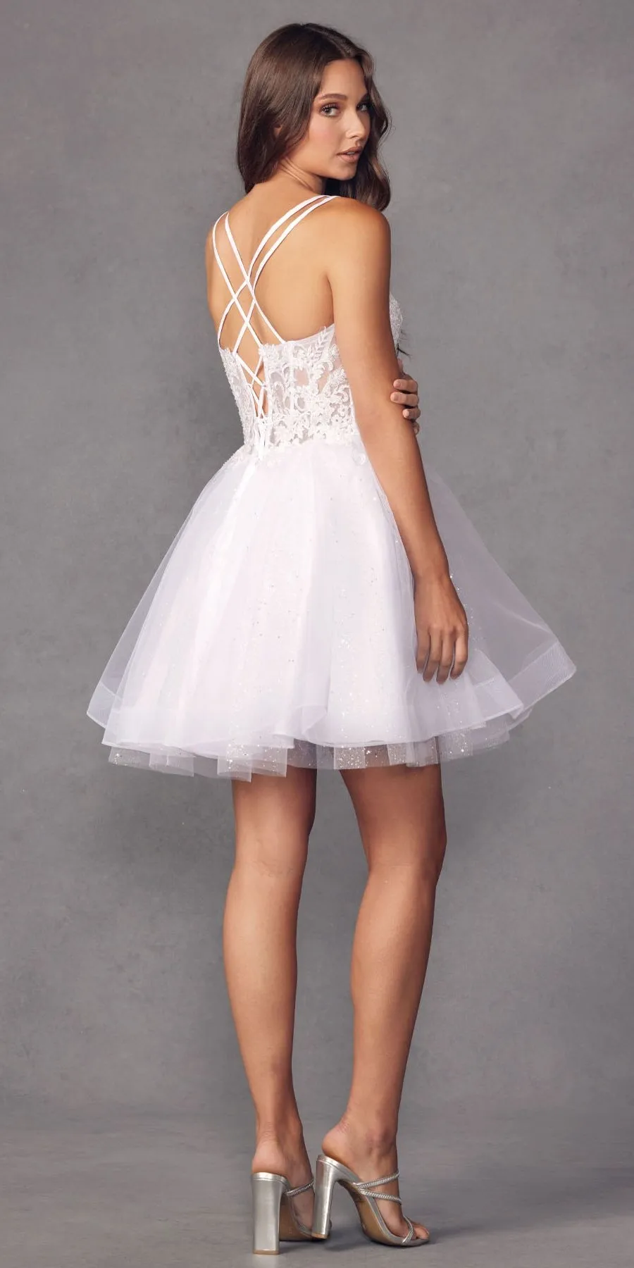 Juliet 883 Short A-Line Glitter Tulle Skirt Square Neck Thin Strap Dress