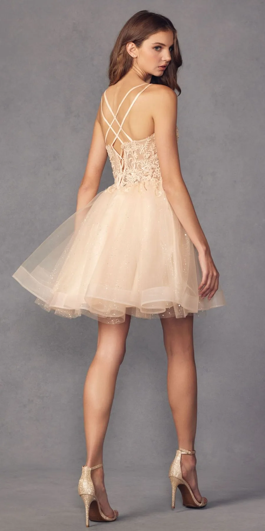 Juliet 883 Short A-Line Glitter Tulle Skirt Square Neck Thin Strap Dress