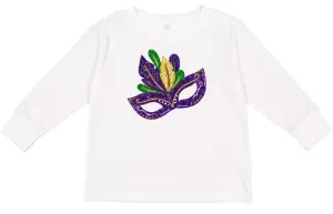 Kids Mardi Gras Glitter Mask on Long Sleeve White Top