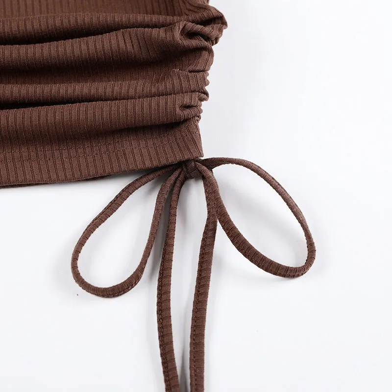 Knit High Collar Drawstring Sweaters Crop Tops Blouses