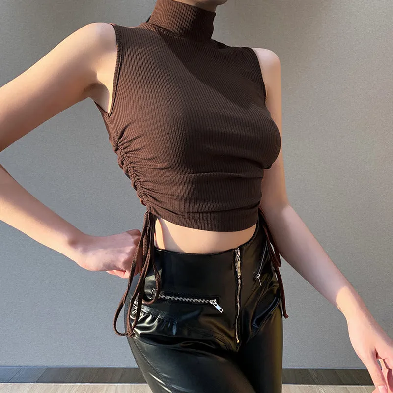 Knit High Collar Drawstring Sweaters Crop Tops Blouses