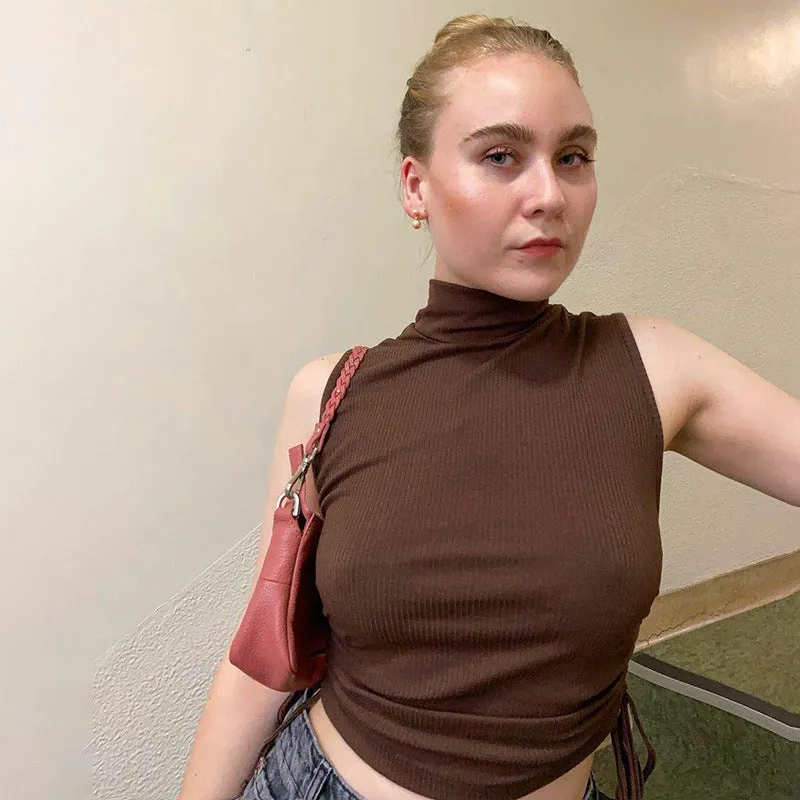 Knit High Collar Drawstring Sweaters Crop Tops Blouses
