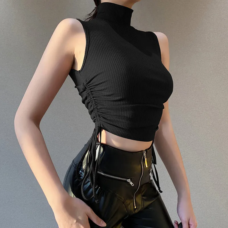 Knit High Collar Drawstring Sweaters Crop Tops Blouses