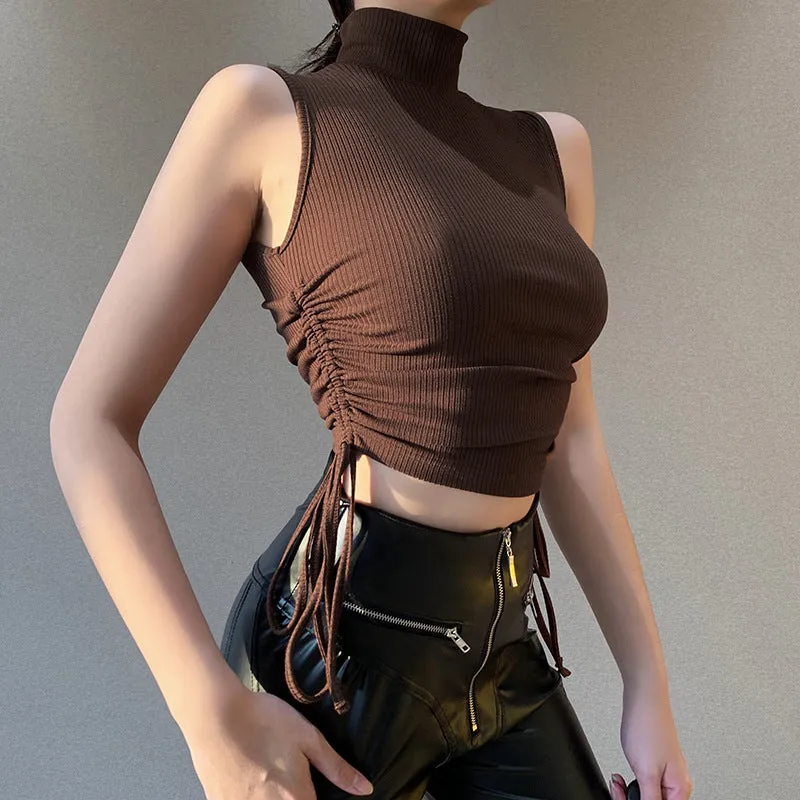 Knit High Collar Drawstring Sweaters Crop Tops Blouses