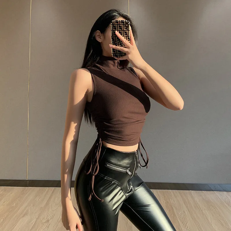 Knit High Collar Drawstring Sweaters Crop Tops Blouses