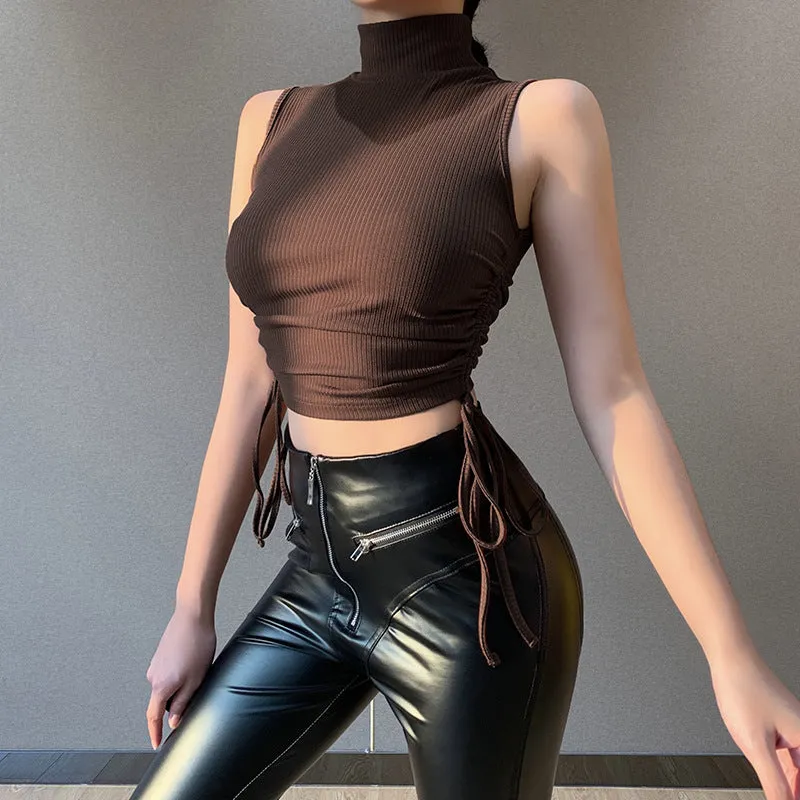 Knit High Collar Drawstring Sweaters Crop Tops Blouses