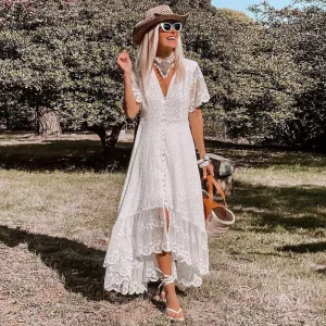 Lace Maxi Dress with Deep V-Neck and Button-Down Front