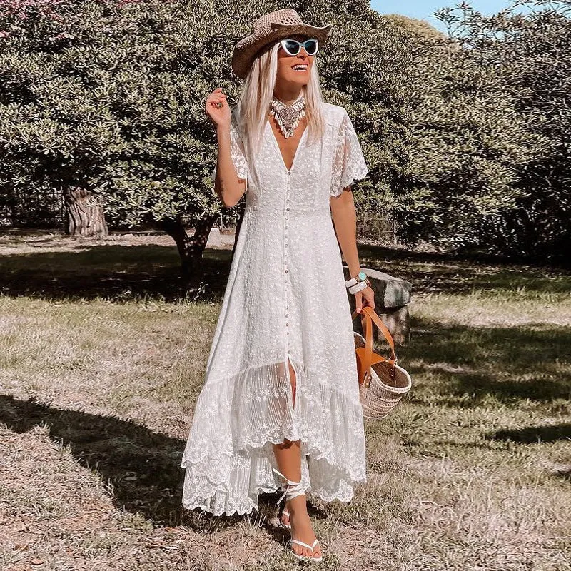 Lace Maxi Dress with Deep V-Neck and Button-Down Front