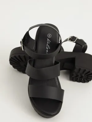 Ladies Buckle Strap Cleated Platform Heeled Sandal - Black