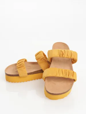 Ladies Double Rouched Strap Platform Sandal - Mustard