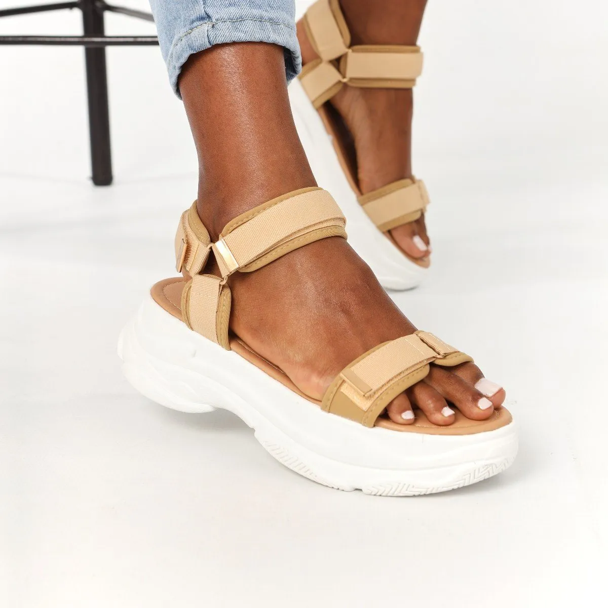 Ladies Multi-Fabric Velcro Platform Sport Sandal - Taupe