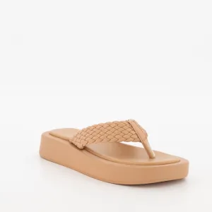 Ladies Platform Braided Thong - Tan