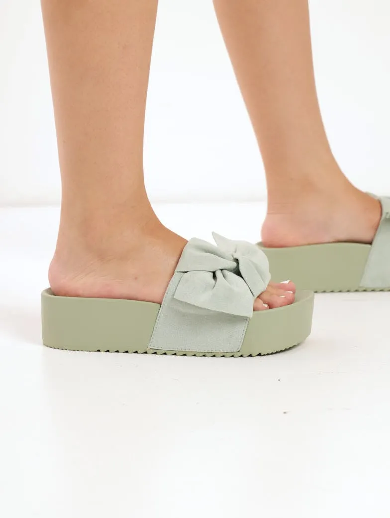 Ladies Twisted Upper Platform Moulded Slide Sandal - Sage