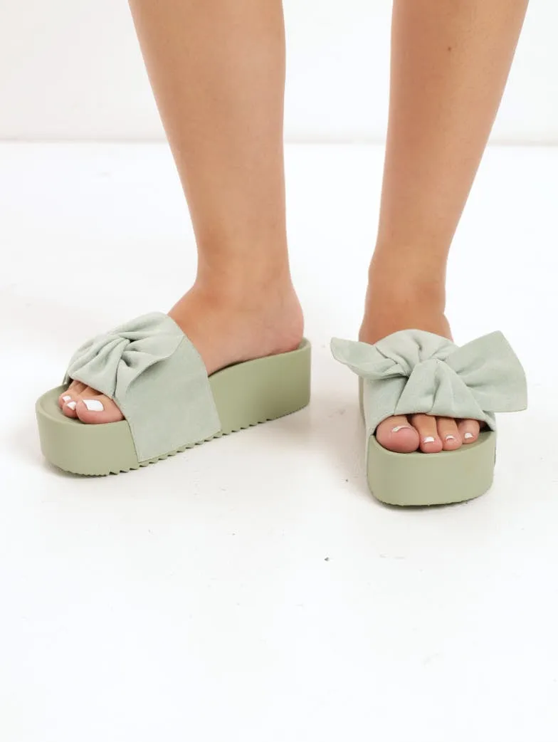 Ladies Twisted Upper Platform Moulded Slide Sandal - Sage