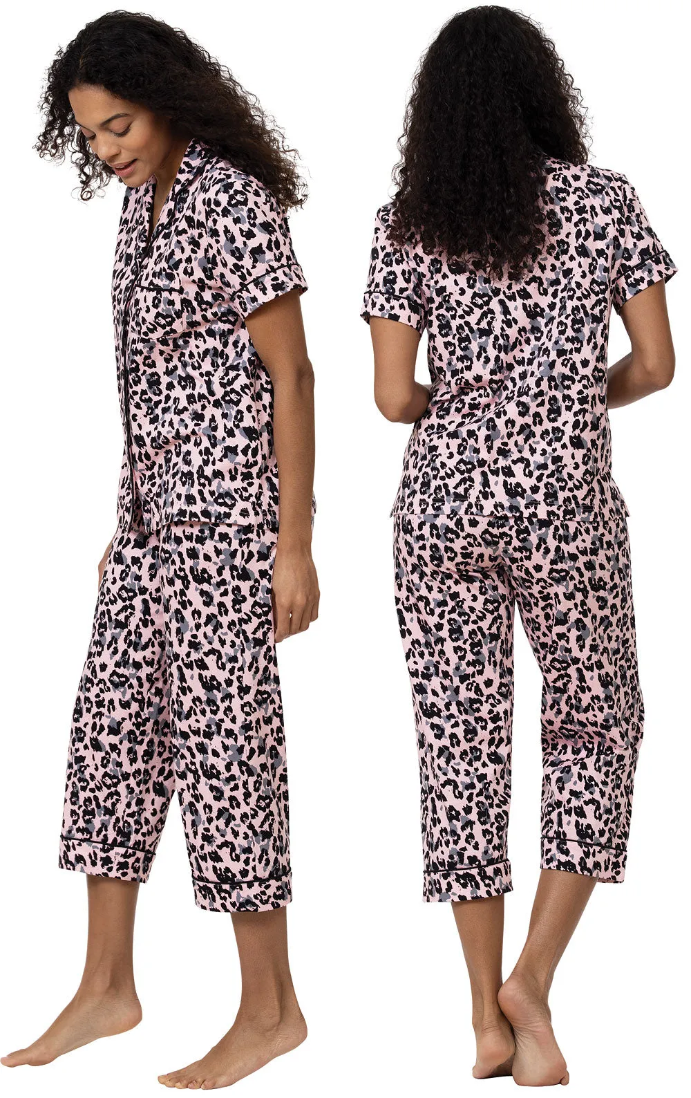 Leopard Short-Sleeve Button-Front Capri Pajamas