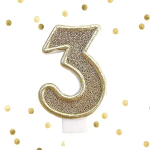 Light Gold Glitter Birthday Candle Number 3 Gold & White Anniversary Cake Topper Three