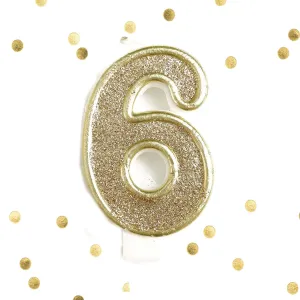 Light Gold Glitter Birthday Candle Number 6 Gold & White Anniversary Cake Topper Six
