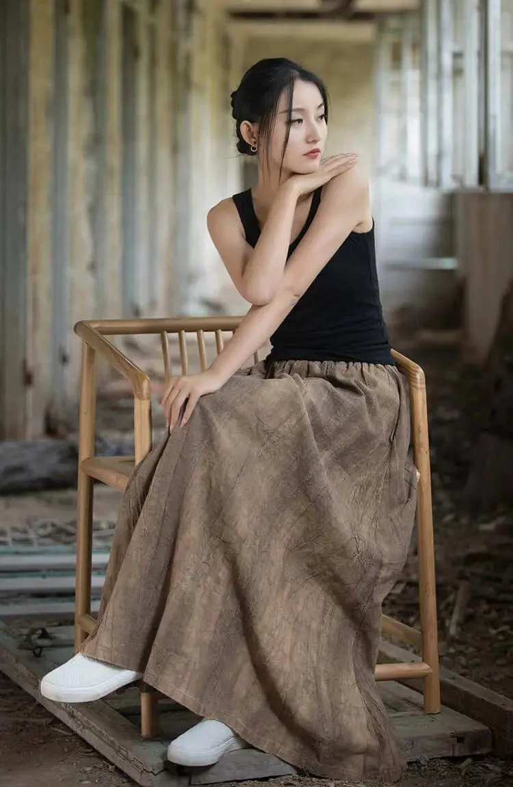 Linen Maxi Skirt a line skirt High Elastic Waist skirt