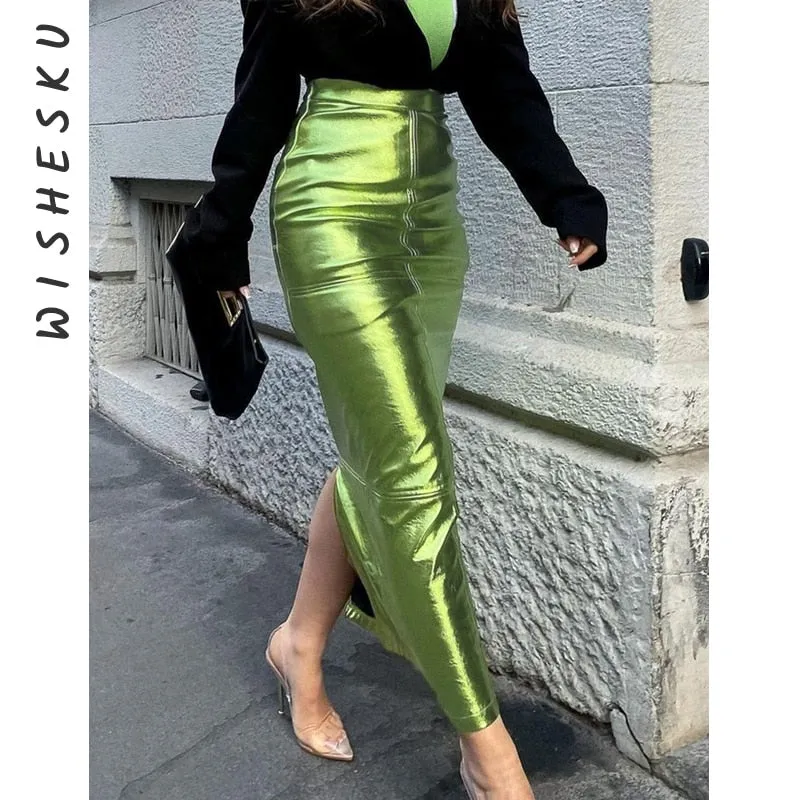 Luxury High Waist Metallic Maxi Skirt Glitter Long Party Skirt for Women