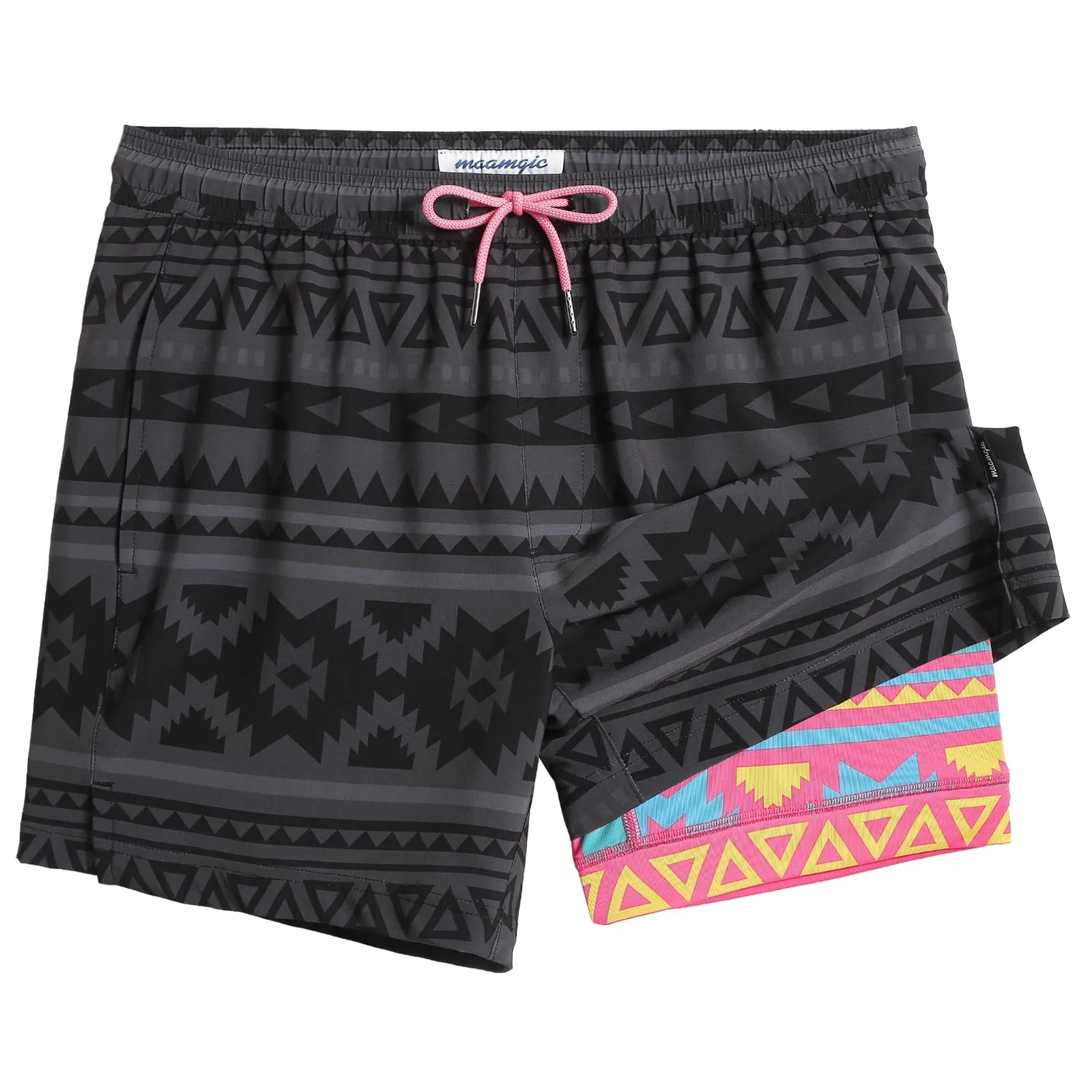 maamgic Mens 5 Inch Stretch Swimming Shorts Compression Liner Swim Trunks Quick Dry Bathing Suits Board Shorts Beach Shorts Swim Suits Geometrical Black Medium