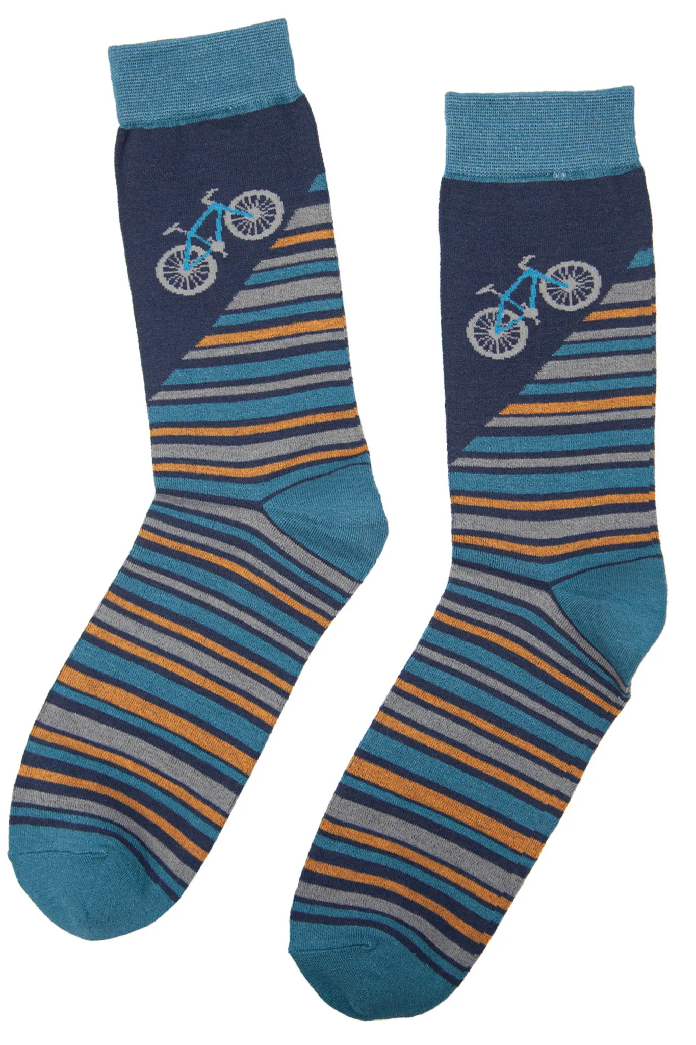 Men's Bamboo Socks Bicycle Print Cycling Mountain Bike Stripe Teal Blue