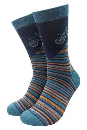 Men's Bamboo Socks Bicycle Print Cycling Mountain Bike Stripe Teal Blue