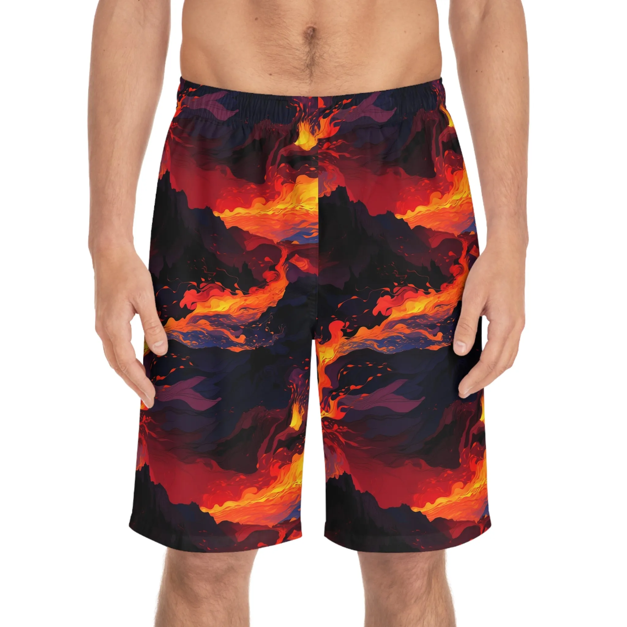 Men's Board Shorts - Fiery Mountain Wave Print Swimwear