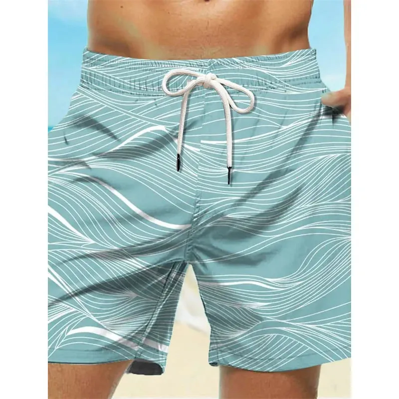men's Curved Stripe Graphic Swim Trunks For Men Fashion 3D Print Short Pants Summer Holiday Hawaiian Drawstring Quick Dry Board Shorts