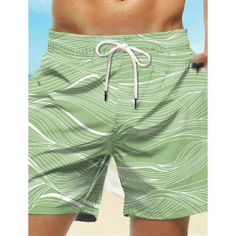 men's Curved Stripe Graphic Swim Trunks For Men Fashion 3D Print Short Pants Summer Holiday Hawaiian Drawstring Quick Dry Board Shorts