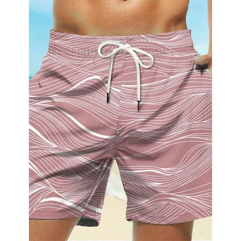 men's Curved Stripe Graphic Swim Trunks For Men Fashion 3D Print Short Pants Summer Holiday Hawaiian Drawstring Quick Dry Board Shorts