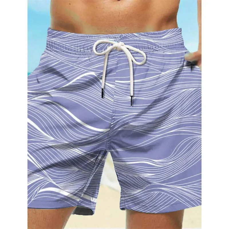 men's Curved Stripe Graphic Swim Trunks For Men Fashion 3D Print Short Pants Summer Holiday Hawaiian Drawstring Quick Dry Board Shorts