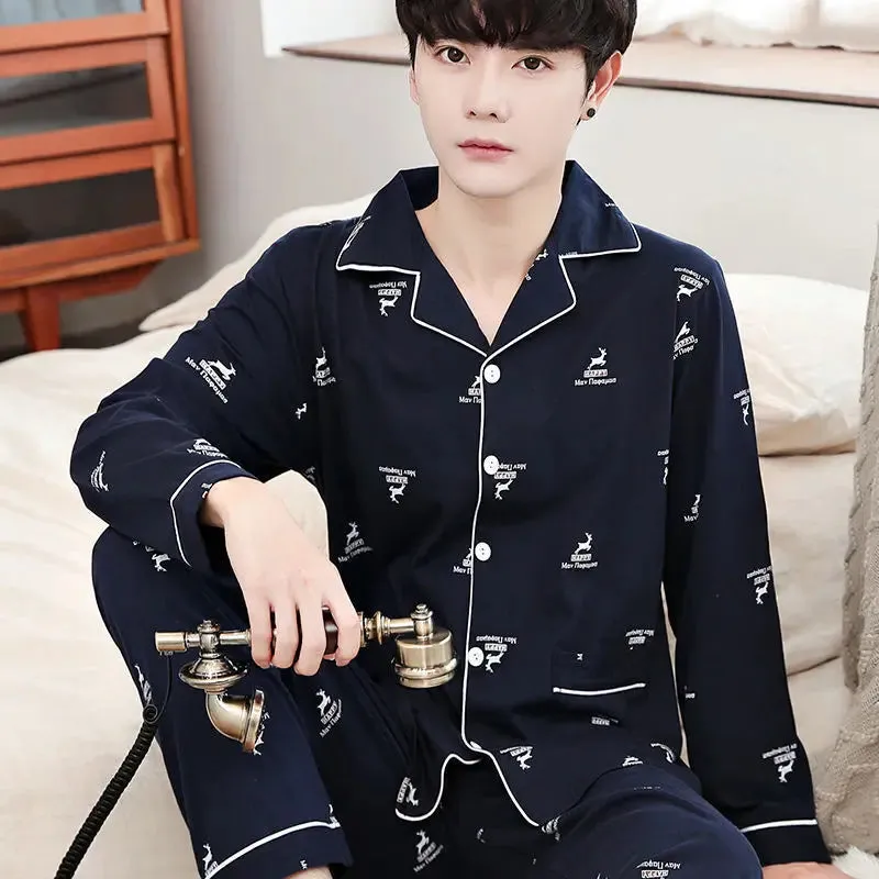 Men's Spring and Autumn Cotton Pajamas Long-Sleeved Set
