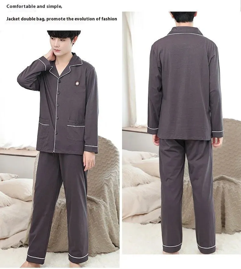 Men's Spring and Autumn Cotton Pajamas Long-Sleeved Set