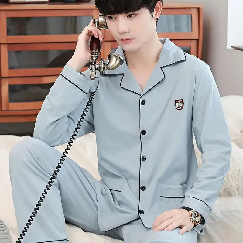 Men's Spring and Autumn Cotton Pajamas Long-Sleeved Set