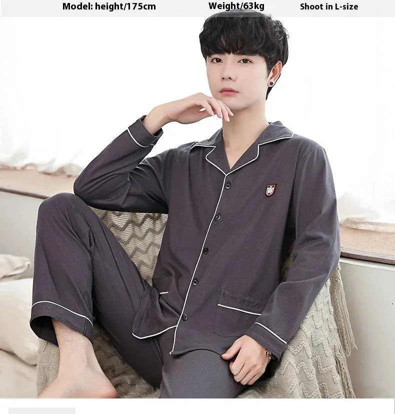 Men's Spring and Autumn Cotton Pajamas Long-Sleeved Set