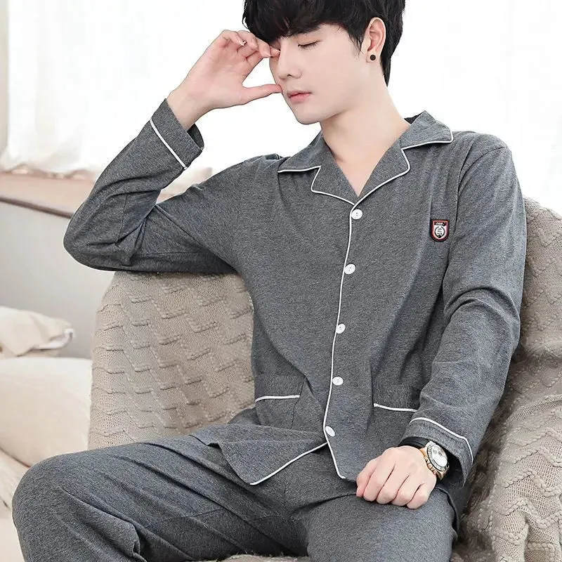 Men's Spring and Autumn Cotton Pajamas Long-Sleeved Set