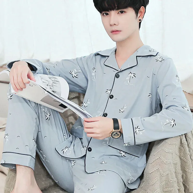 Men's Spring and Autumn Cotton Pajamas Long-Sleeved Set
